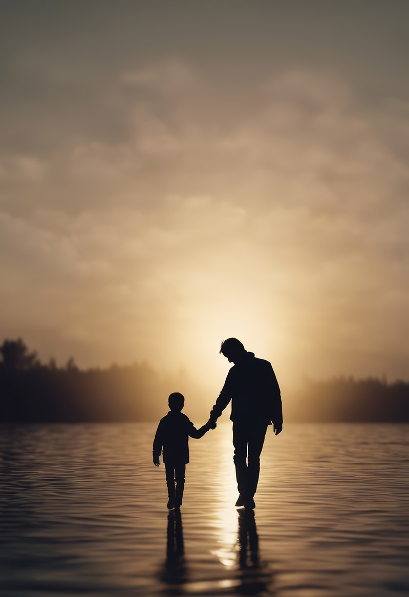 Vater und Sohn gemeinsam am Vatertag Vater hält seinem Sohn die Hand und gehen gemeinsam dem Sonnenuntergang entgegen