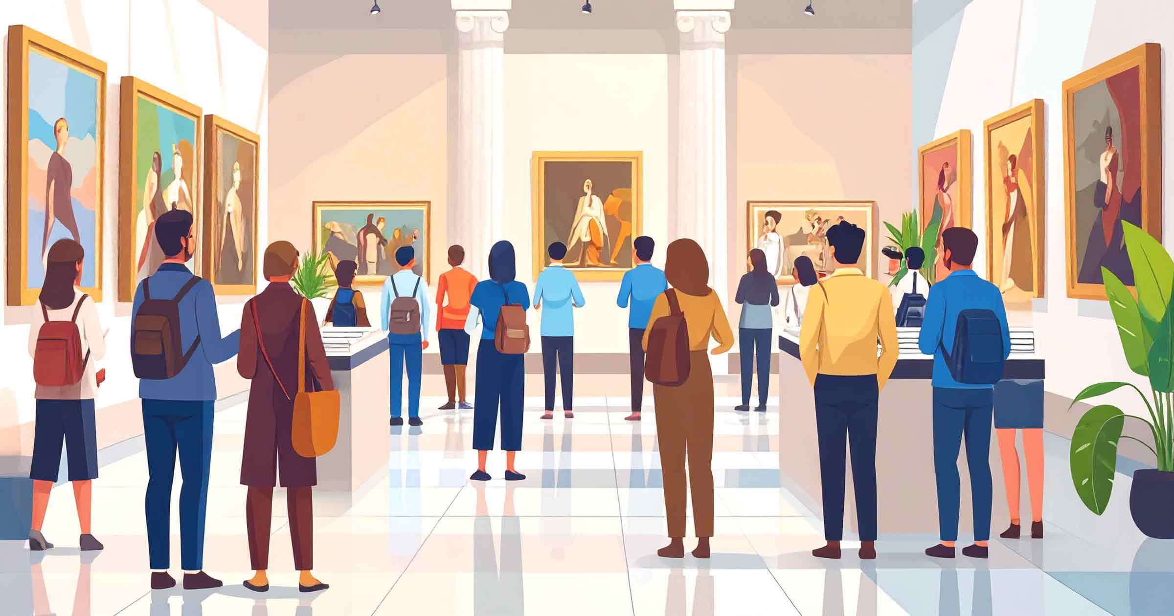 Menschen stehen im Museum und betrachten Bilder