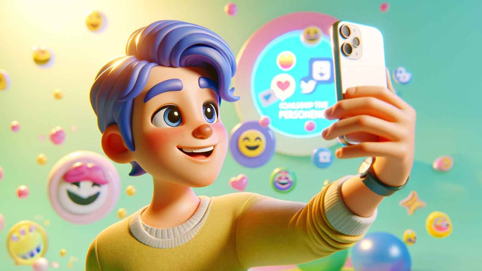 Cartoon hält ein Smartphone in der Hand