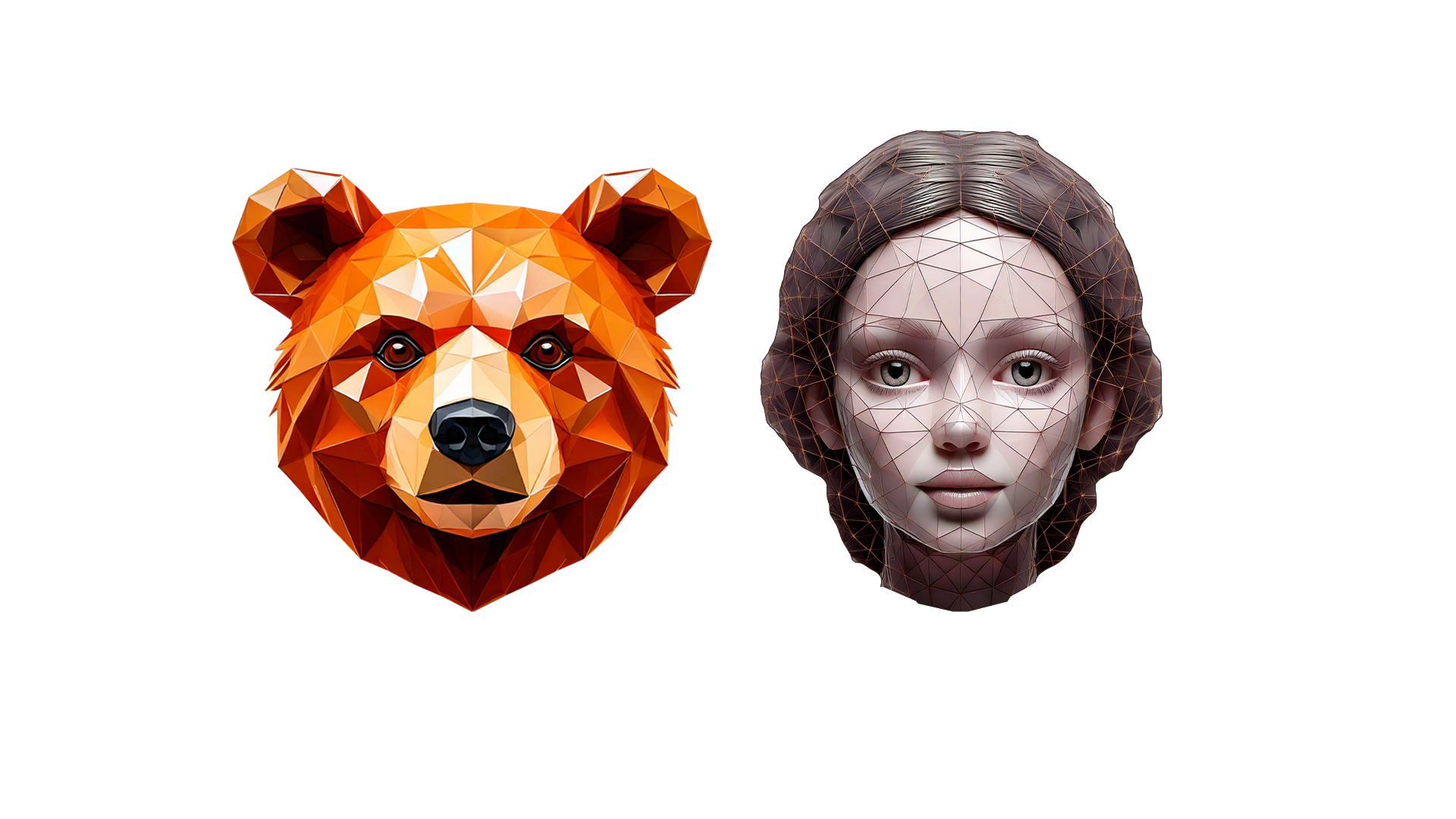 Sujet eines Teddybärenkopf und Puppenkopf im Polygon Stil