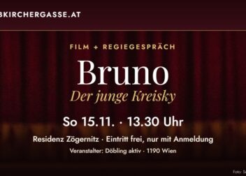 Filmplakat „Bruno – Der junge Kreisky“ vor rotem Kinovorhang