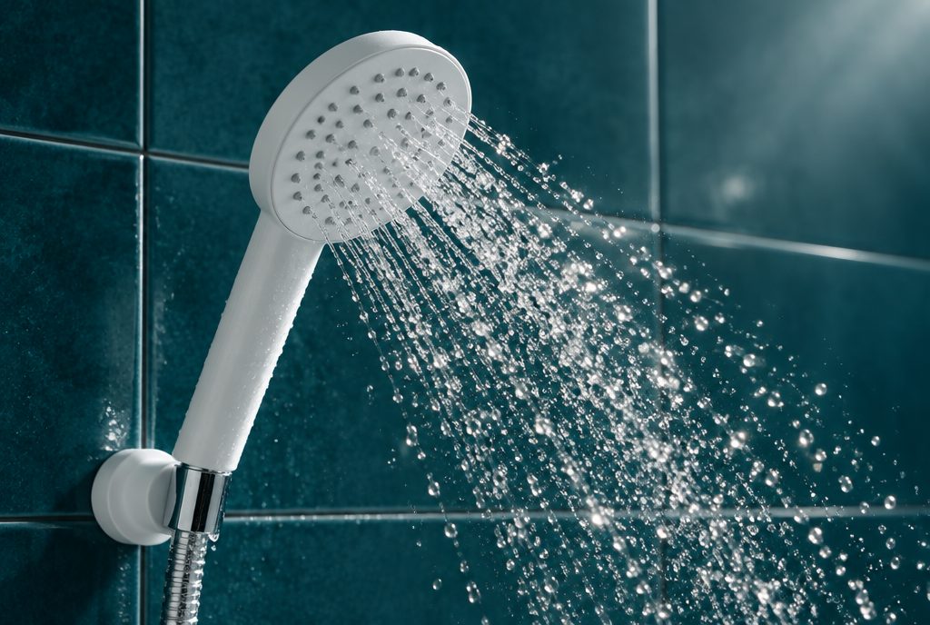 Weiße Handbrause mit Wasserstrahl vor dunklen Fliesen (Symbolbild, KI-generiert)