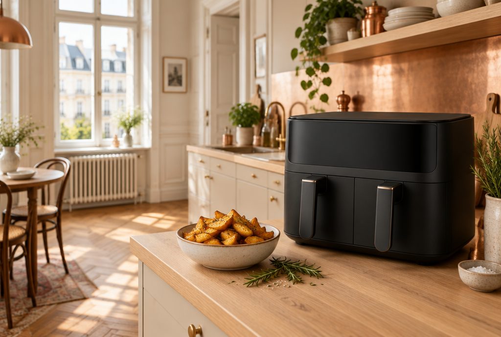 Schwarze Heißluftfritteuse mit zwei Körben auf einer Holzarbeitsplatte in einer Altbauküche (Symbolbild, KI-generiert)