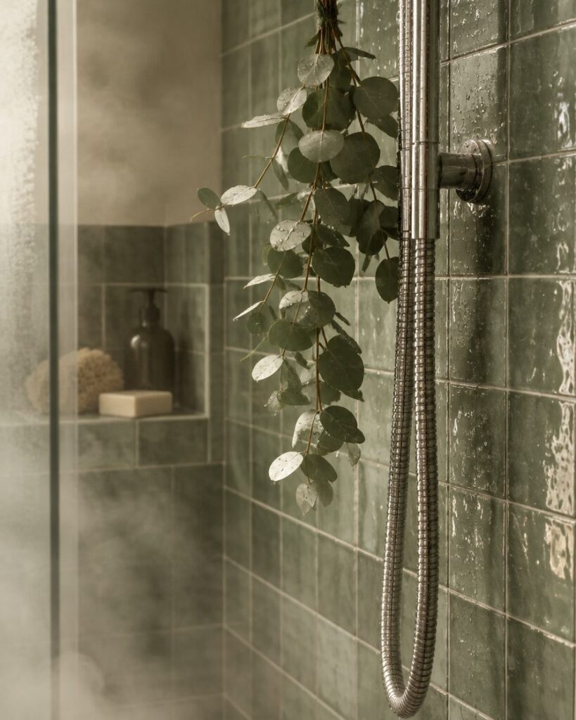 Salbeigrüne Fliesen in einer Dusche, davor ein Eukalyptuszweig und ein Duschschlauch aus Metall (Symbolbild, KI-generiert)