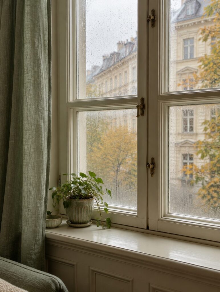 Beschlagenes Kastenfenster im Wiener Altbau an einem Regentag