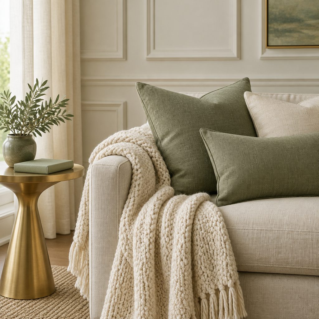 Sofa mit salbeigrünen Kissen und Luftentfeuchter daneben