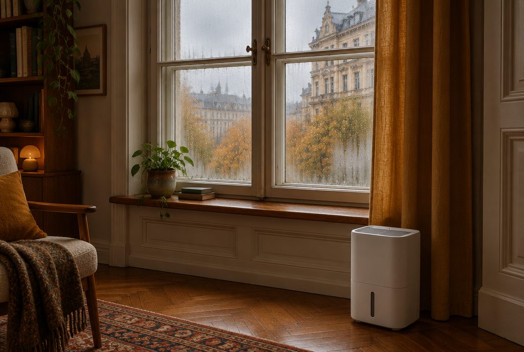 Beschlagenes Kastenfenster im Wiener Altbau an einem Regentag