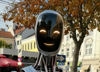 Silberner Roboter lächelt an der Obkirchergasse in Wien-Döbling in die Kamera