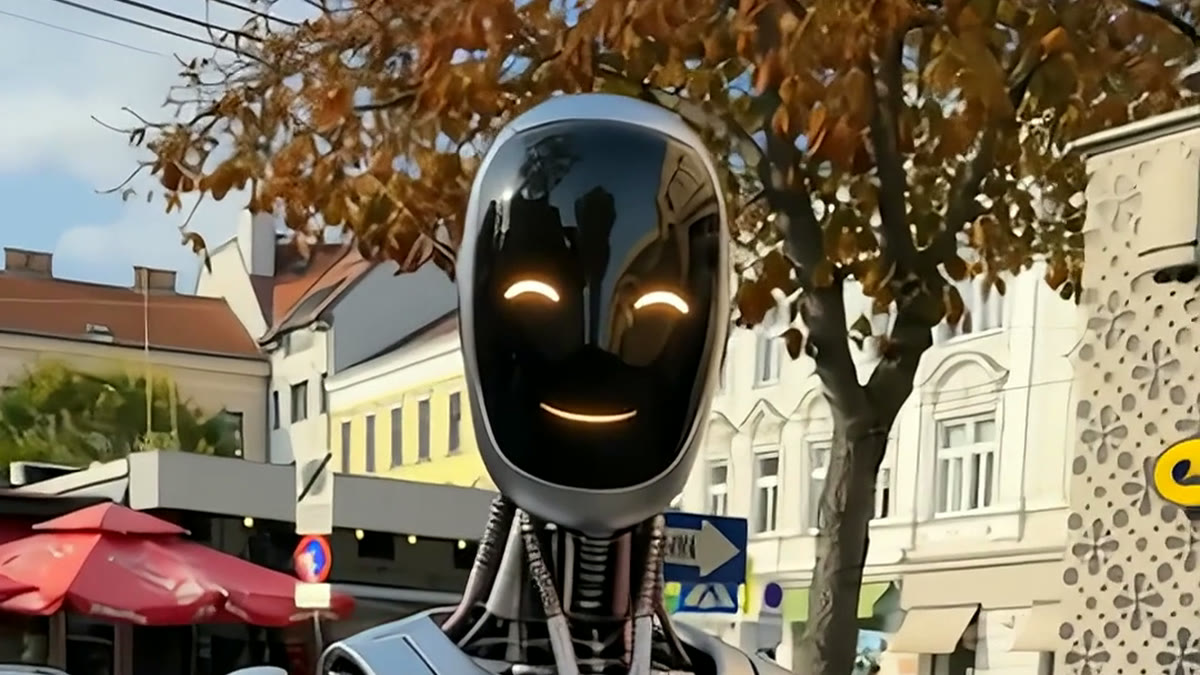 Silberner Roboter lächelt an der Obkirchergasse in Wien-Döbling in die Kamera