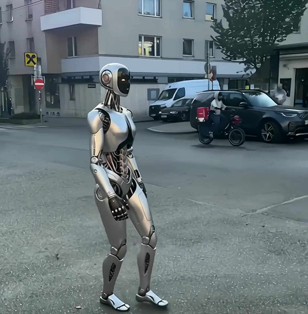 Silberner Roboter überquert eine Kreuzung in Wien-Döbling nahe der Obkirchergasse